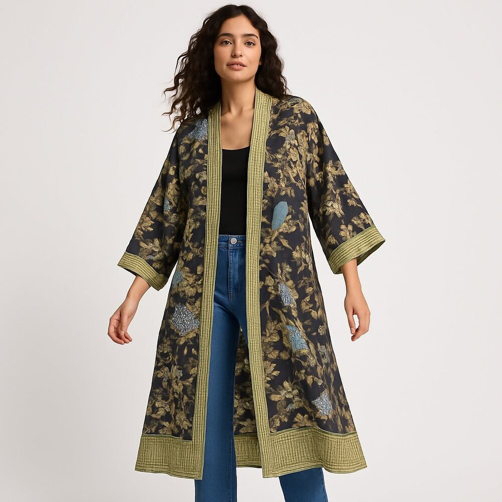 Handprint Cotton Boho Kimono Duster Robe Bird Floral Print OS Black